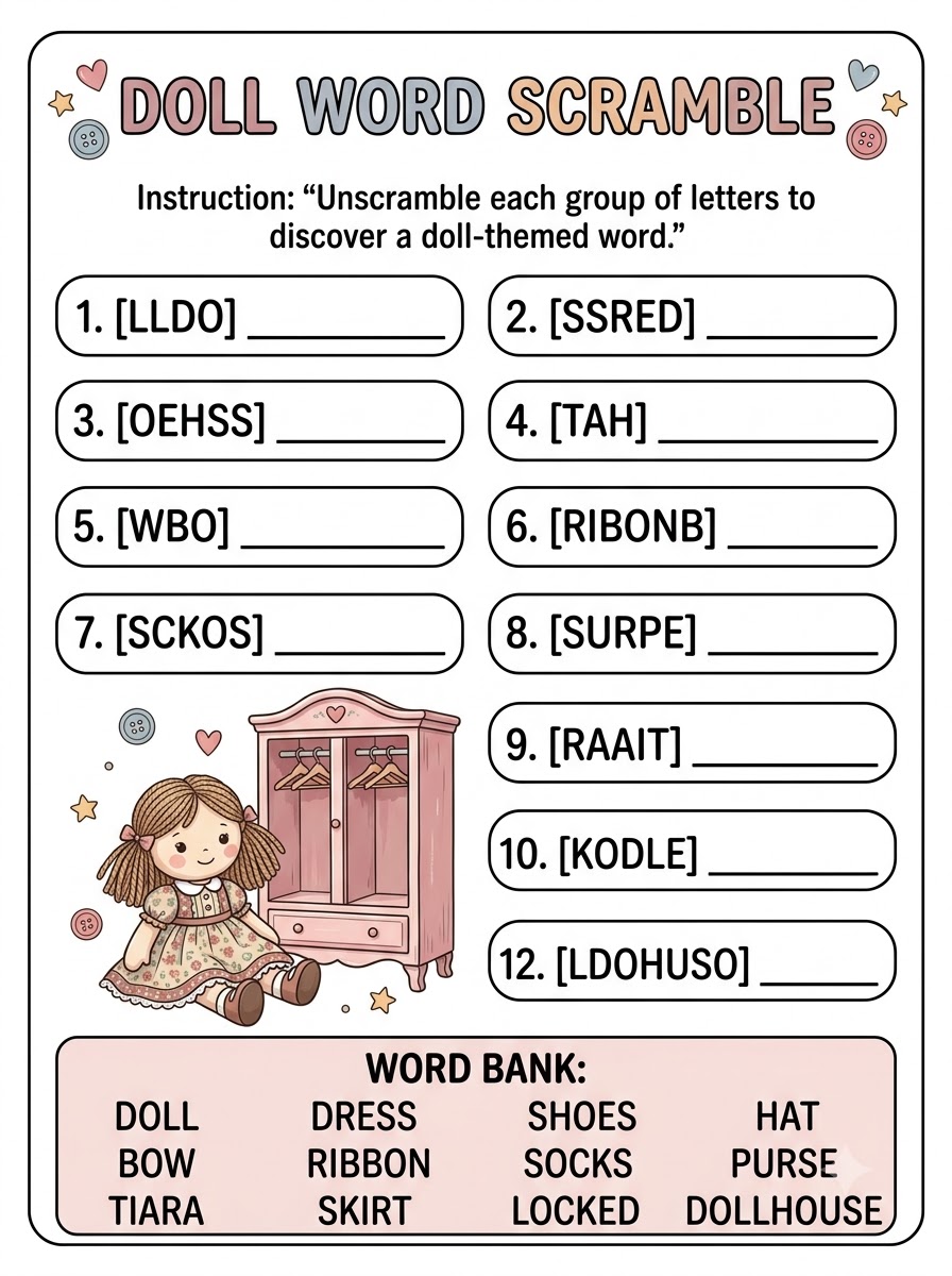 Doll Word Scramble — unscramble word activity with illustrated doll and wardrobe